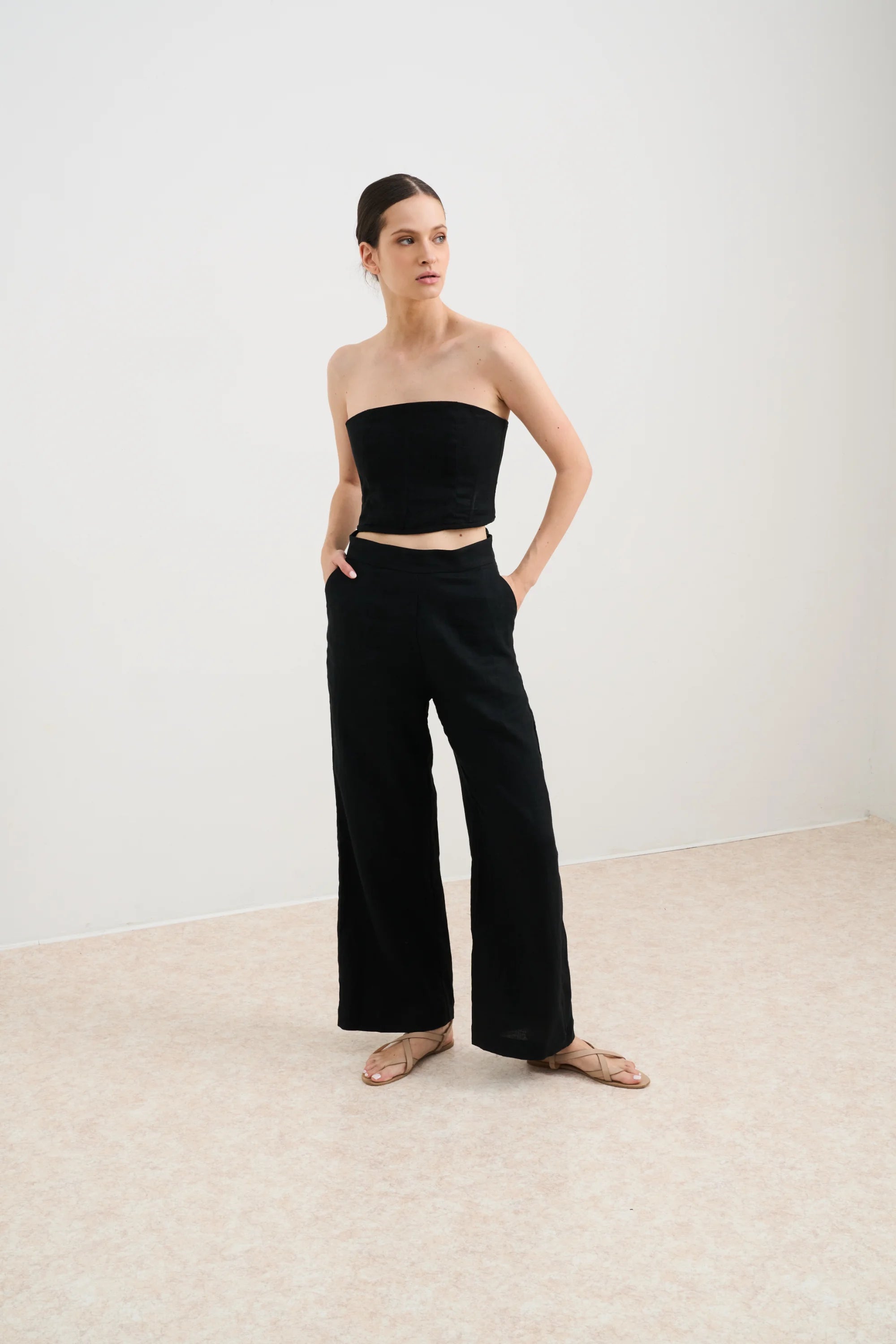Zoe High Waist Trouser - Black Linen