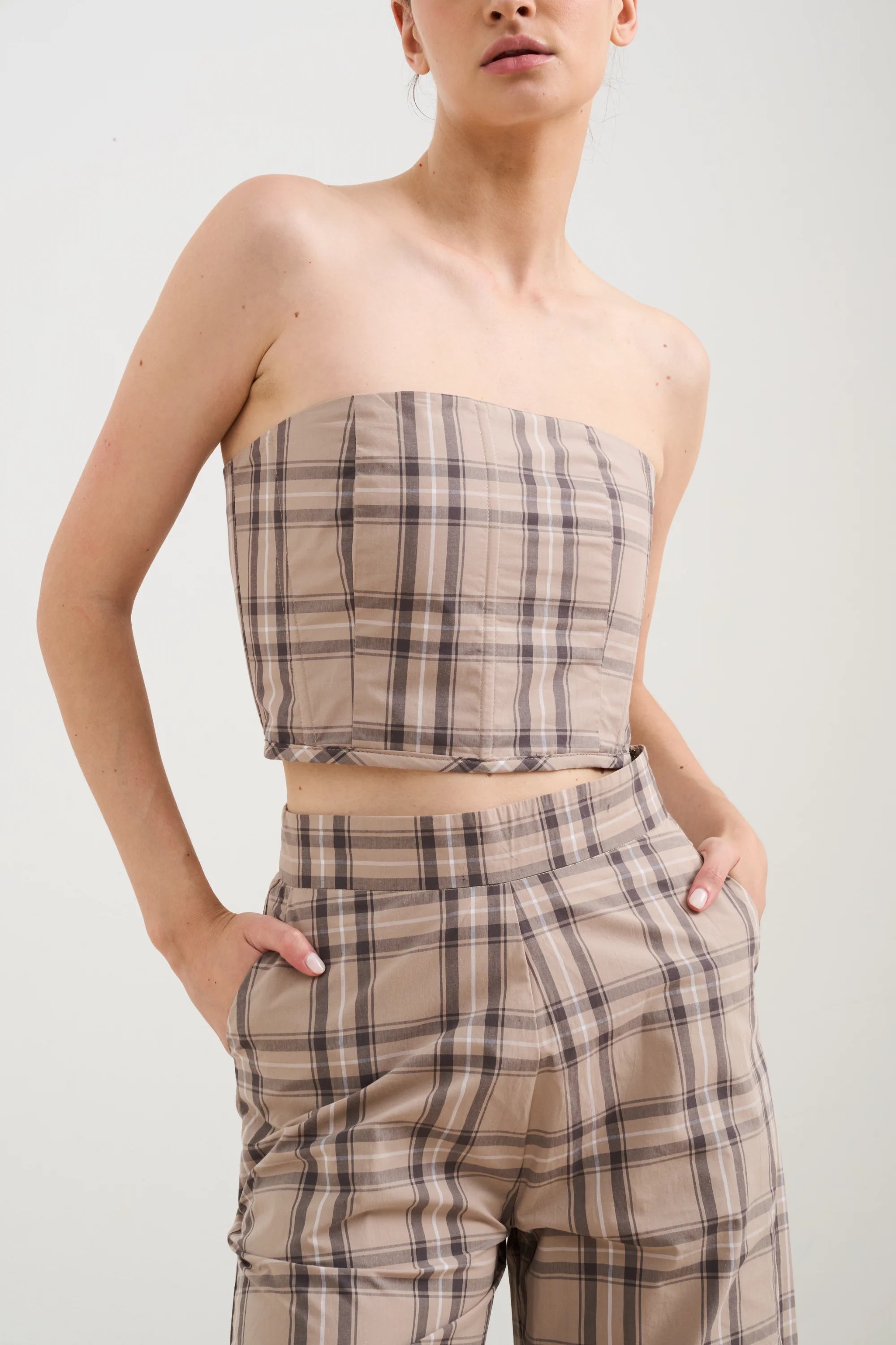 Colette Corset Top - Taupe Cotton Plaid