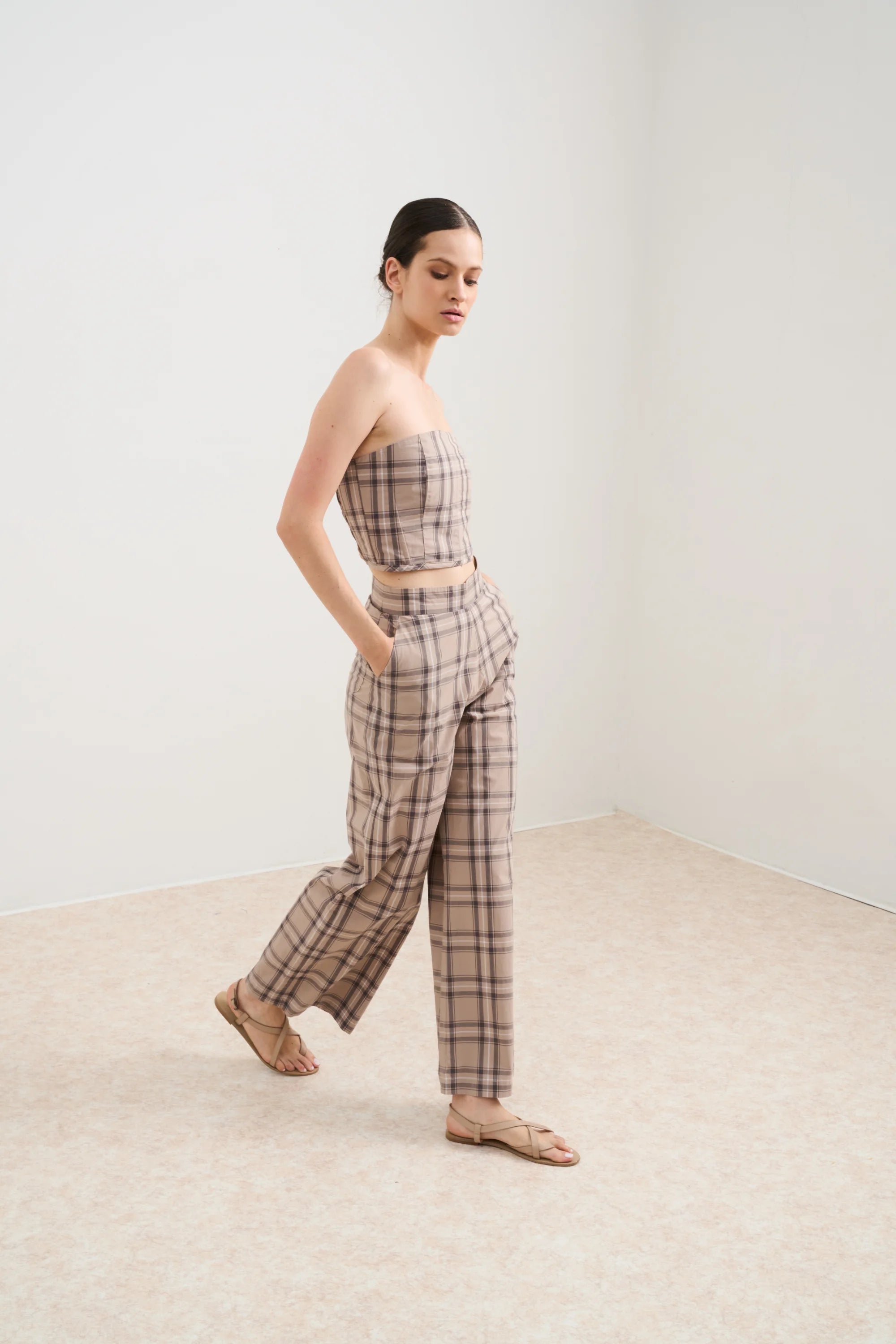 Zoe High Waist Trouser - Taupe Cotton Plaid